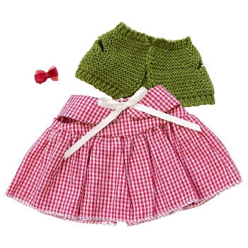 Платье в клетку красно-белое и зеленая вязаная кофта