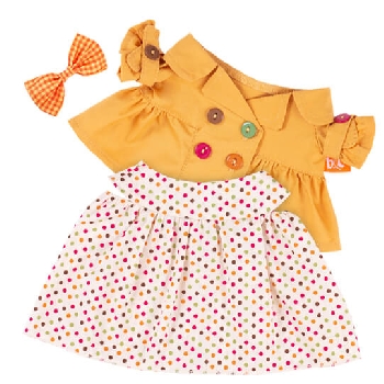 Оранжевый плащ и платье в разноцветный горох