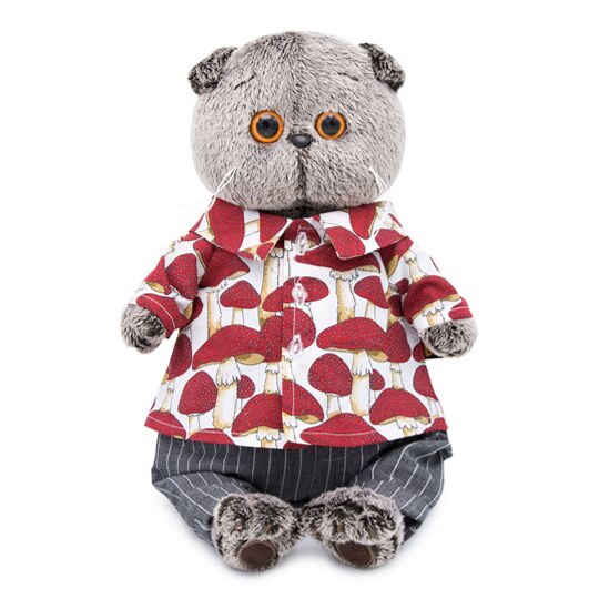 Басик в серых брюках и рубашке в мухоморах