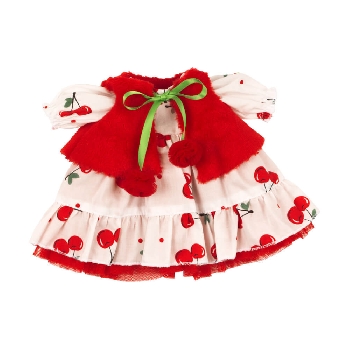 Платье с вишнями и жилет с помпонами