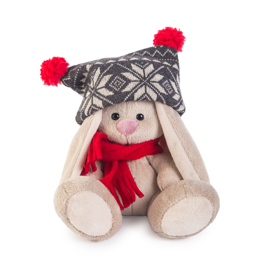 Зайка Ми в черной шапке с помпонами и красном шарфике